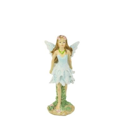 A figurine of a fairy with translucent wings, wearing a light blue dress and a floral headband, standing atop a grassy base.