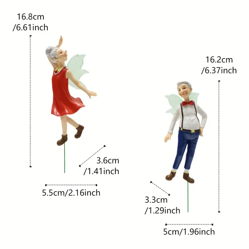 Two whimsical fairy figurines, one female in a red dress and one male in a white shirt, each with delicate wings, showcasing their dimensions.