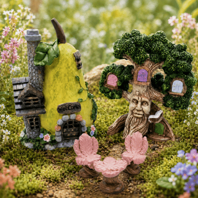 Fairy Garden Solar Pear House And Mystical Tree House Set