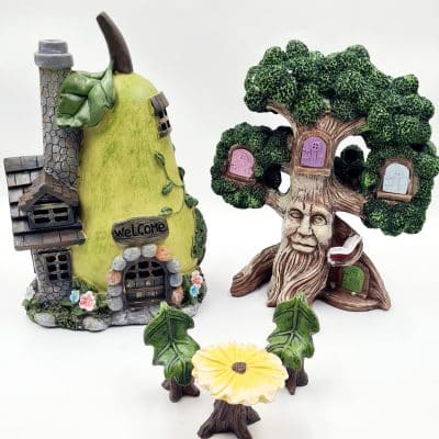 Fairy Garden Solar Pear House And Mystical Tree House Set