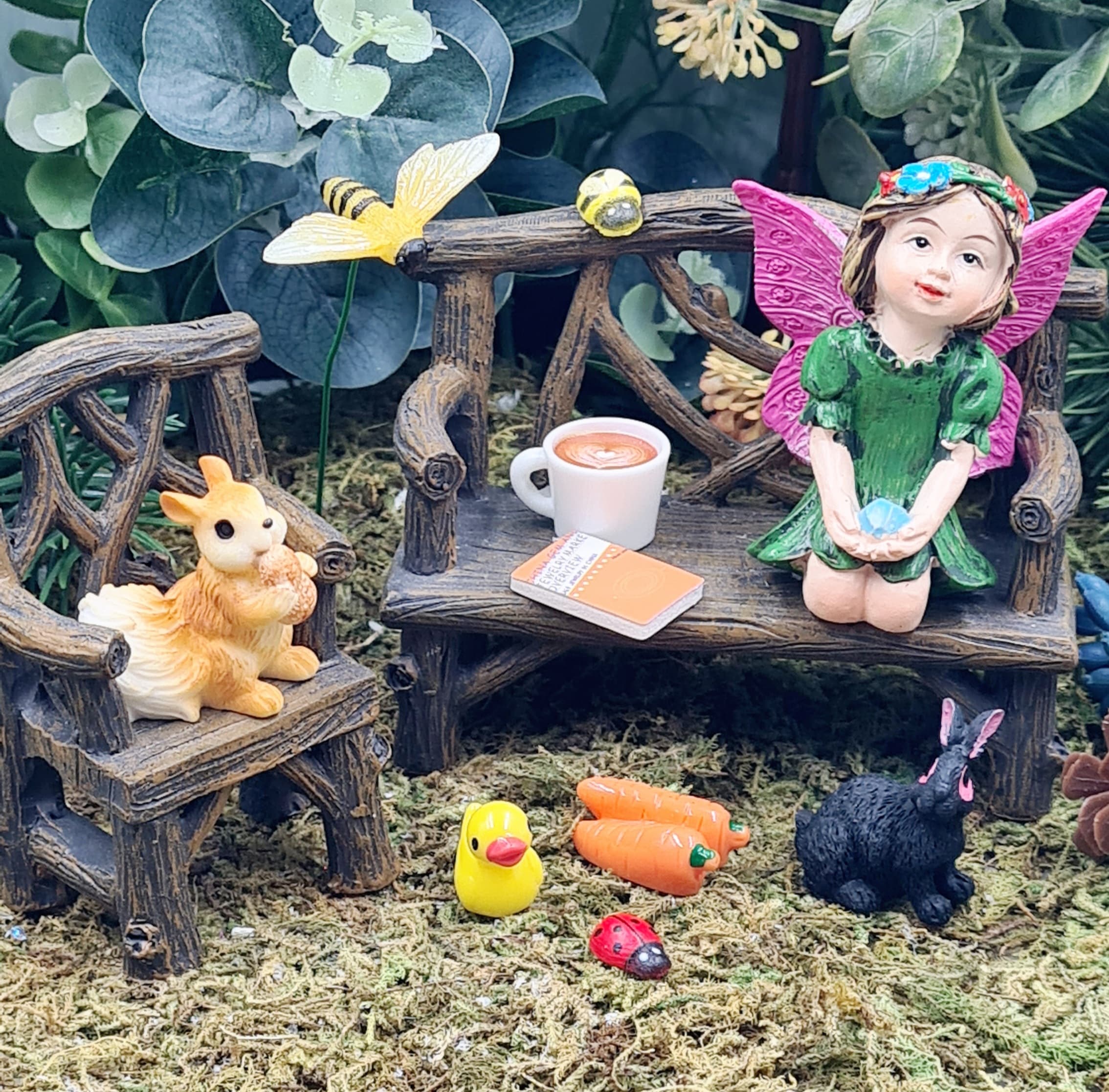 Fairy Garden Fairy & Animals Bench and Chair Set