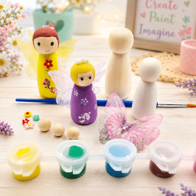DIY Peg Fairy (Paint + Fabric Wings + Stickers + Wooden Ball Hair)