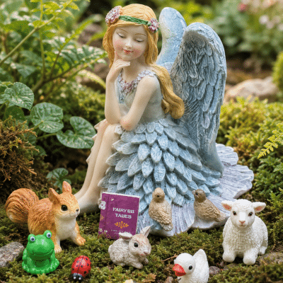 Fairy & Pet Friends Reading Set – Sitting Blue Fairy with Animal Friends and Mini Accessories