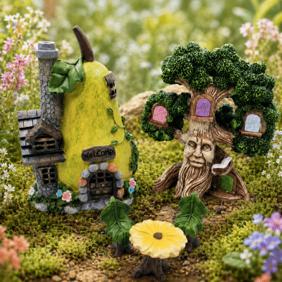 Fairy Garden Solar Pear House And Mystical Tree House Set