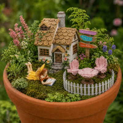 Fairy Garden Set with Reading Fairy – Choose Pear Cottage or Thatched Cottage
