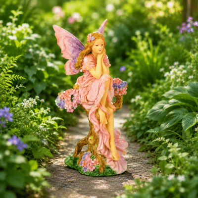 Fairy Gardens Pink Seated Fairy on Flower Branch