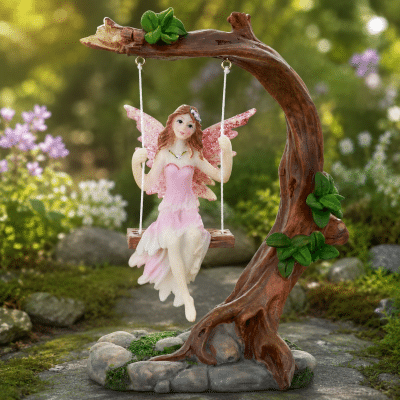 Fairy Garden Pink Fairy on Swing Garden Ornament