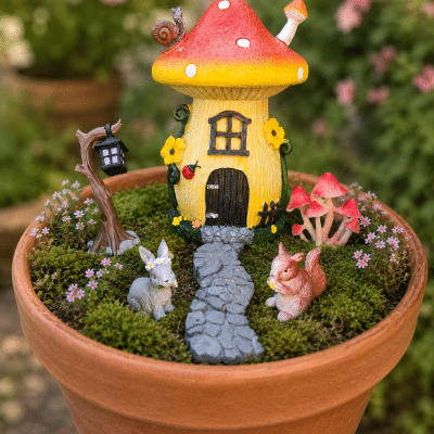 Mini Mushroom Fairy House Set with Path, Lantern, Rabbit, Squirrel & Toadstools – 11cm