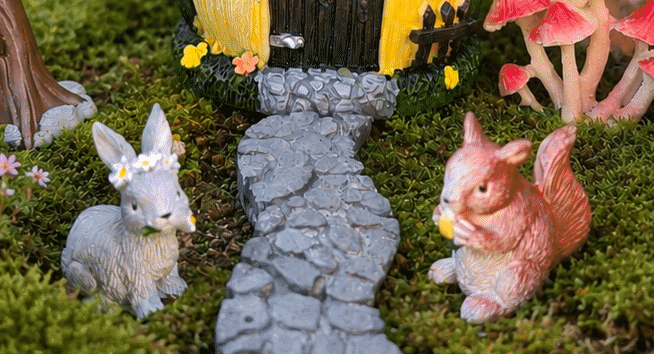 Mini Mushroom Fairy House Set with Path, Lantern, Rabbit, Squirrel & Toadstools – 11cm - Image 3