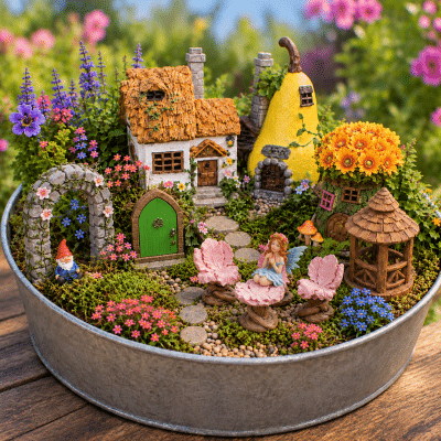 Fairy Garden Village Set with Houses, Fairies, Gnome and Accessories
