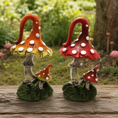 Magical Curved Top Mushroom Ornaments – Red & Orange Fairy Garden Decorations