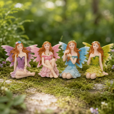 Four colourful sitting fairy ornaments in purple, pink, blue and green, approximately 6.5cm high and sold separately.