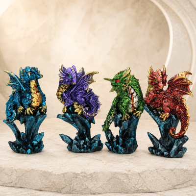 Colourful Dragon Figurine on Crystal Rock Base – Choice of Blue, Purple, Green or Red