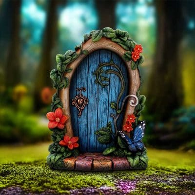 Blue Woodland Fairy Door with Butterfly & Flowers