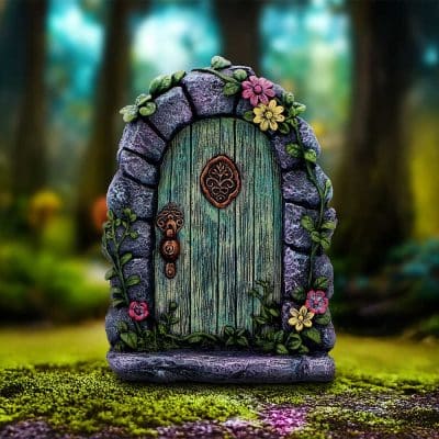 Green Woodland Fairy Door with Stone Arch & Flowers