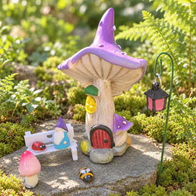 Miniature Purple Toadstool House Fairy Garden Set