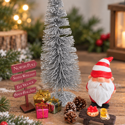 Miniature Christmas Garden Set with Santa & Silver Christmas Tree