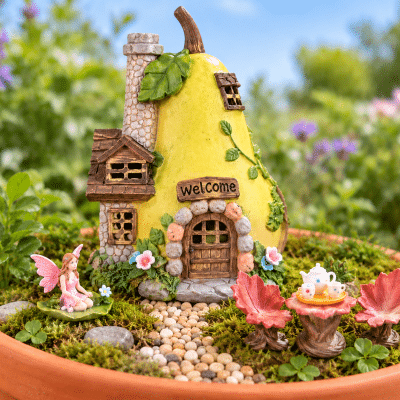 Magical Fairy Garden Set – Choice of Exclusive Solar Thatched Cottage or Pear House